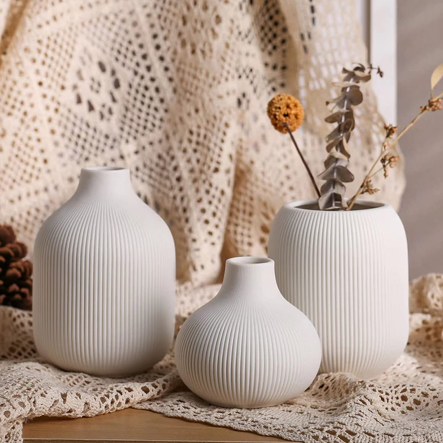 White Ceramic Vase Set of 3,Small Ribbed Vases for Rustic Home Decor,Modern Mini